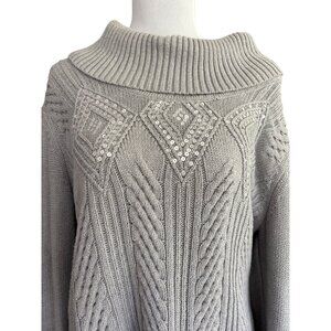 Karen‎ Scott grey sequins cowl neck cable knit pullover sweater sz L